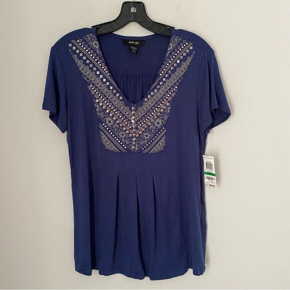 Style & Co. Women’s Deep V Neck Blue Stud Details Short Sleeve Top size PP - Picture 1 of 3
